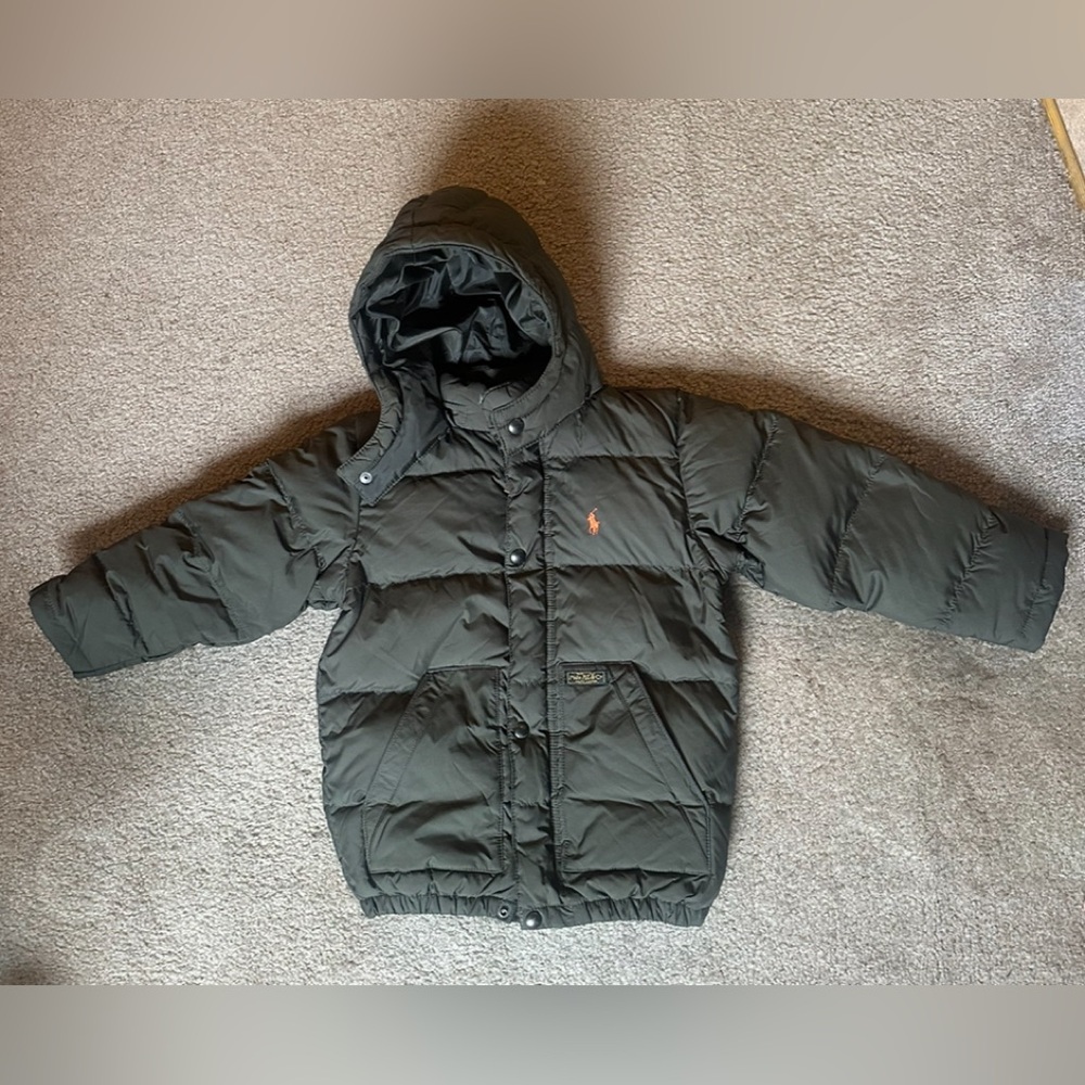 Vtg Polo Ralph Lauren Puffer Jacket YOUTH Sz 5 Full Zip Hood Olive Green Down